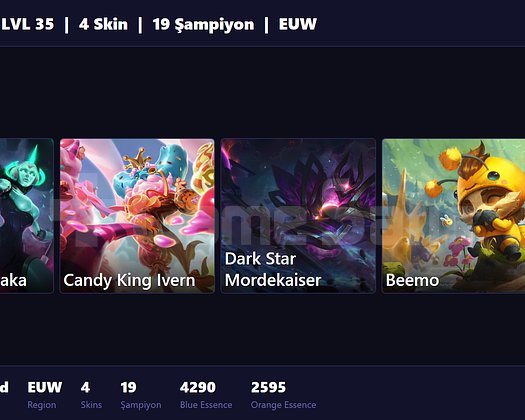 EUW / 35 LVL + 4 SKİN + FRESH + DERECESİZ !
