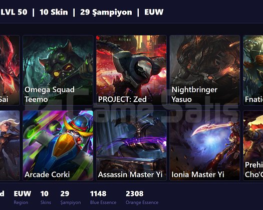 EUW / 50 LVL + 10 SKİN + UNRANKED !!