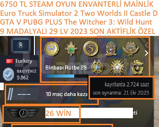 GTA V PUBG PLUS ETS 2 The Witcher 3 6750 TL STEAM