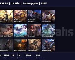 EUW / 34 LVL + 15 SKİN + FRESH + RANK HAZIR !!1