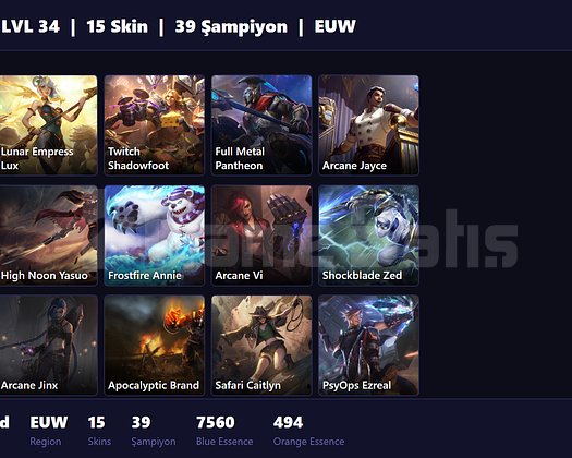 EUW / 34 LVL + 15 SKİN + FRESH + RANK HAZIR !!1