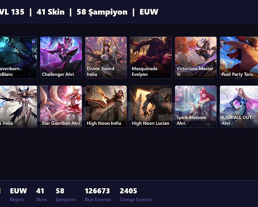 EUW / 135 LVL + 41 SKİN + SILVER I + MAİL ONAYSIZ