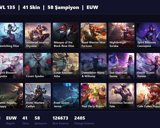EUW / 135 LVL + 41 SKİN + SILVER I + MAİL ONAYSIZ