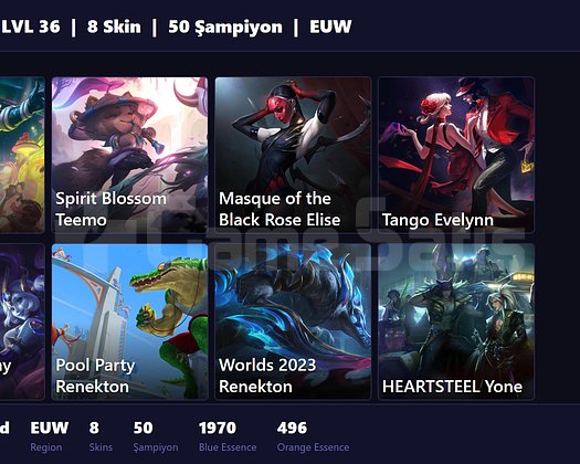 EUW / 36 LVL + 8 SKİN + UNRANKED + RANK HAZIR !!