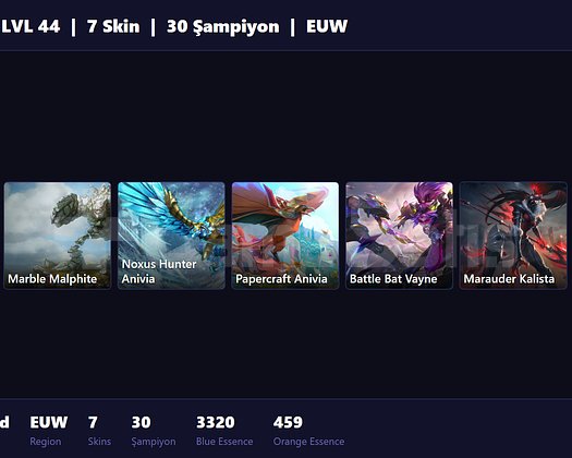 EUW / 44 LVL + 7 SKİN + UNRANKED + RANK HAZIR
