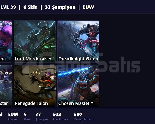 EUW / 39 LVL + 6 SKİN + UNRANKED !!