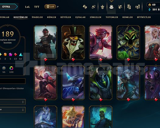 EUW Zümrüt 1 | 723 Lv | Full Şampiyon | 189 Kostüm