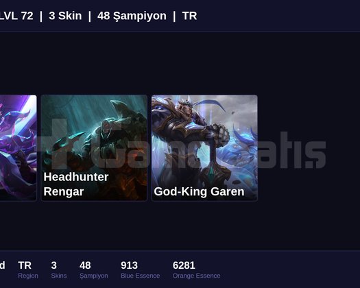 TR / 72 LVL + 3 SKİN + RANK HAZIR !!