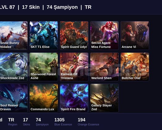 TR / 87 LVL + 17 SKİN + UNRANKED !!