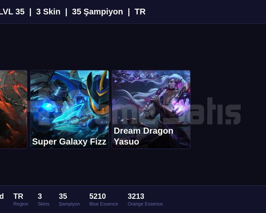 TR / 35 LVL + 3 SKİN + RANK HAZIR + FRESH !!