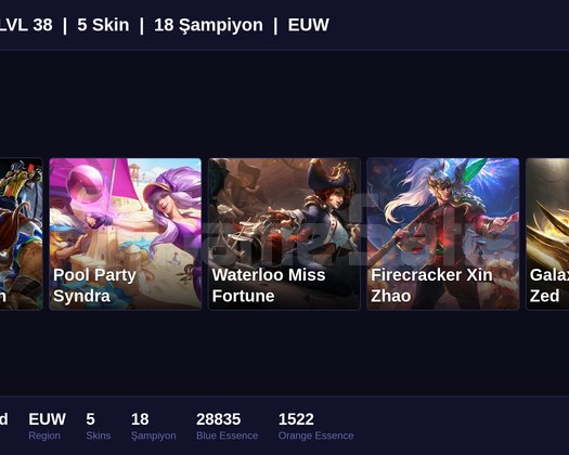 EUW / 38 LVL + 5 SKİN + FRESH + RANK HAZIR !!