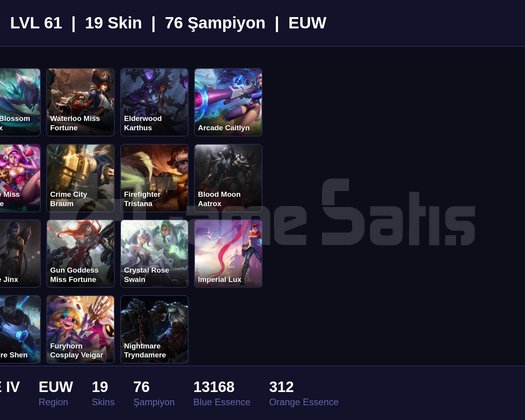 EUW / 61 LVL + 19 SKİN + BRONZE IV + MAİL ONAYSIZ