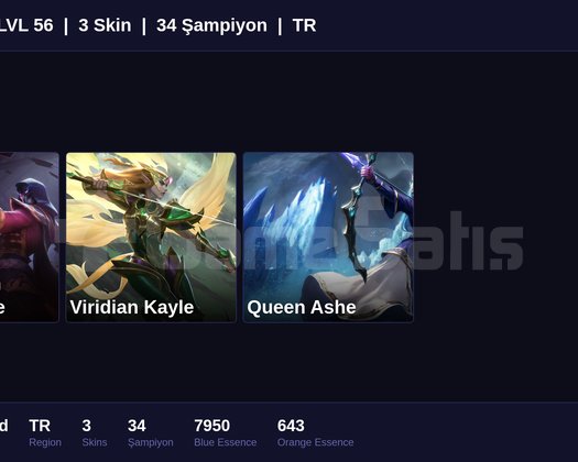 TR / 56 LVL + 3 SKİN + UNRANKED !!