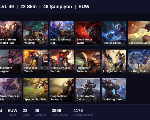 EUW / 49 LVL + 22 SKİN + UNRANKED !!