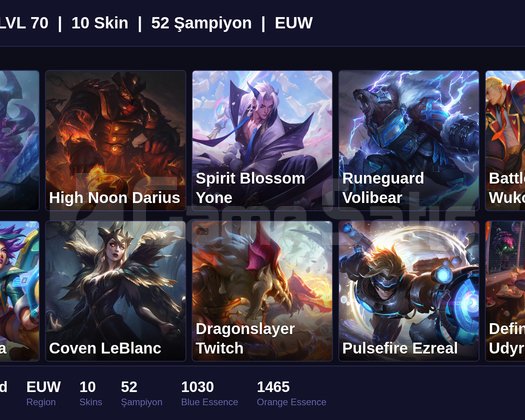 EUW / 70 LVL + 10 SKİN + UNRANKED !!