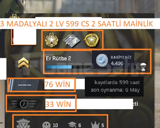 3 MADALYALI 2 LV 599 CS 2 SAATLİ 4.496 STEAM POİNT