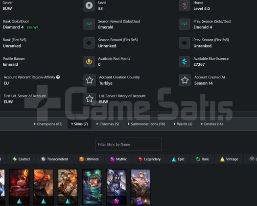 EUW DIAMOND 4 53WR HANDMADE 27K MAVİÖZ 7 KOSTÜM