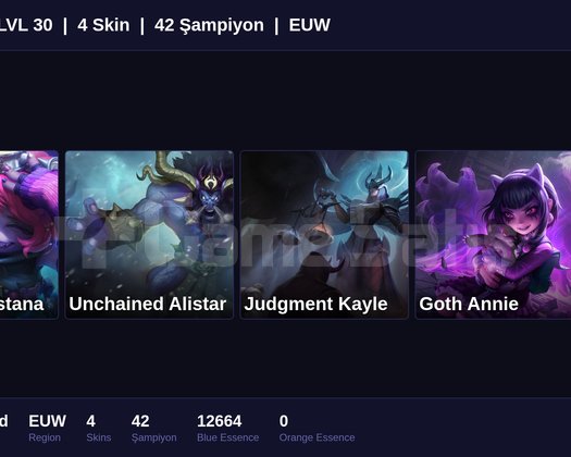EUW / 30 LVL + 4 SKİN + UNRANKED + FRESH + ONAYSIZ