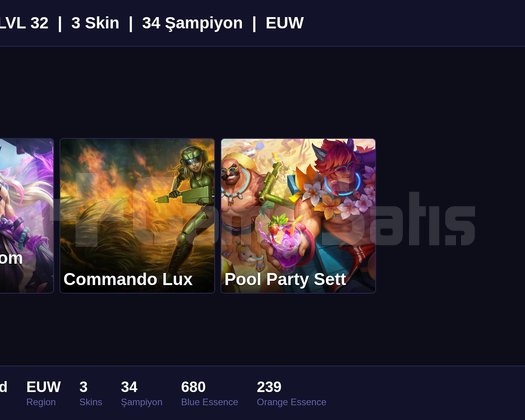 EUW / 32 LVL + 3 SKİN + GOLD MMR + MAİL ONAYSIZ !