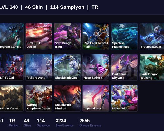 TR / 140 LVL + 46 SKİN + GOLD MMR !!