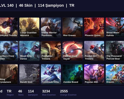 TR / 140 LVL + 46 SKİN + GOLD MMR !!