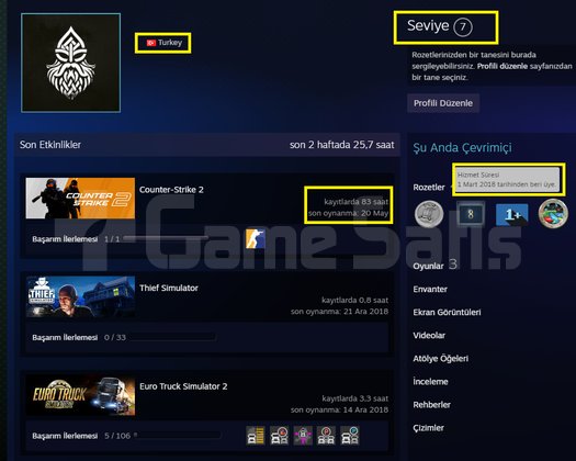 TR HESAP + 3 MADALYA+7LVL STEAM+SEÇKİN AKTİF+ETS2