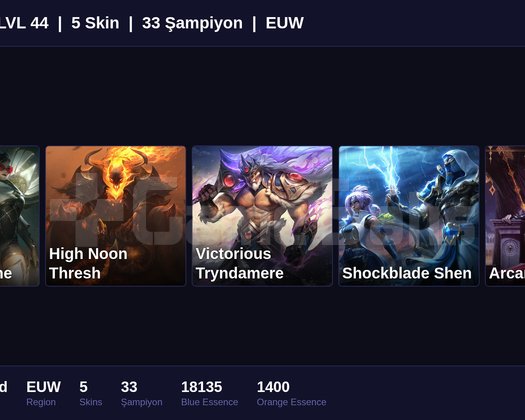 EUW / 44 LVL + 5 SKİN + RANK HAZIR !!