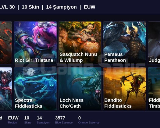 EUW / 30 LVL + 10 SKİN + UNRANKED + FRESH !!