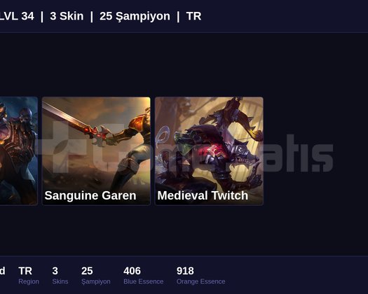 TR / 34 LVL + 3 SKİN + UNRANKED + FRESH !!