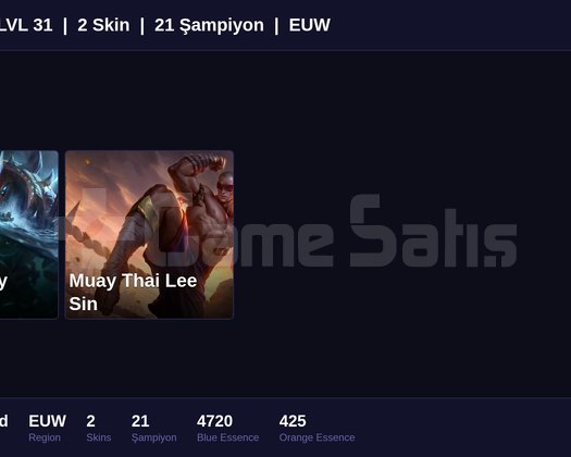 EUW / 31 LVL + 2 SKİN + RANK HAZIR !!