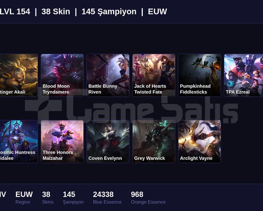 EUW / 154 LVL + 38 SKİN + SILVER IV + MAİL ONAYSIZ