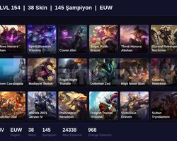 EUW / 154 LVL + 38 SKİN + SILVER IV + MAİL ONAYSIZ