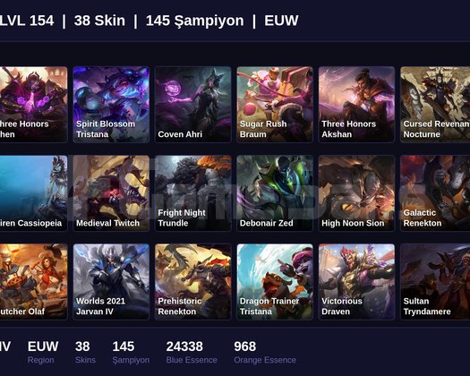 EUW / 154 LVL + 38 SKİN + SILVER IV + MAİL ONAYSIZ
