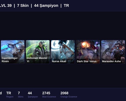TR / 39 LVL + 7 SKİN + UNRANKED + FRESH !!