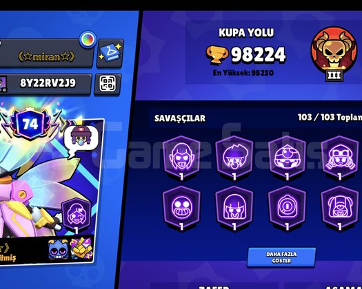 98K 103 karakter hepsi max 11 seviyede 512 kostüm