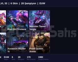 EUW / 33 LVL + 6 SKİN + UNRANKED + FRESH !!