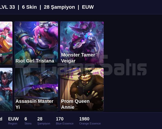 EUW / 33 LVL + 6 SKİN + UNRANKED + FRESH !!