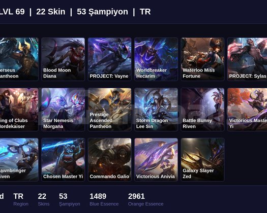 TR / 69 LVL + 22 SKİN + PLAT MMR !!