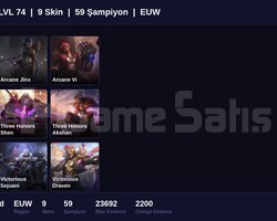 EUW / 74 LVL + 9 SKİN + PLAT MMR + MAİL ONAYSIZ !