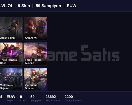 EUW / 74 LVL + 9 SKİN + PLAT MMR + MAİL ONAYSIZ !