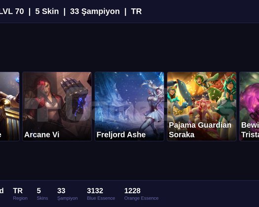 TR / 70 LVL + 5 SKİN + PLAT MMR !!