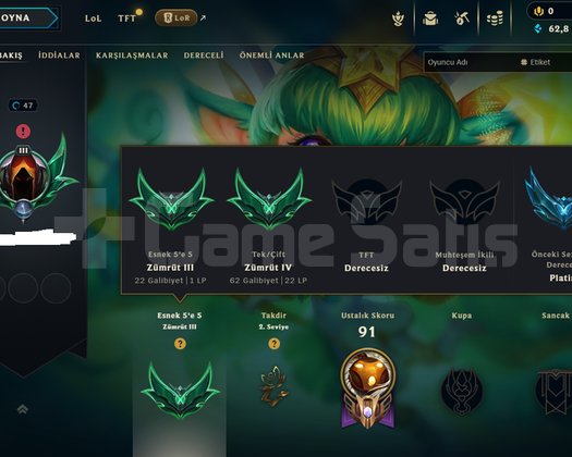 EUW ZÜMRÜT 4SOLOQHANDMADE HESAP 60K MAVİ ÖZ +30 LP