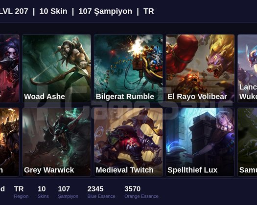 TR / 207 LVL + 10 SKİN + UNRANKED !!