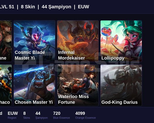 EUW / 51 LVL + 8 SKİN + UNRANKED !!