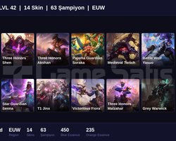 EUW / 42 LVL + 14 SKİN +MAİL ONAYSIZ + ZÜMRÜT MMR