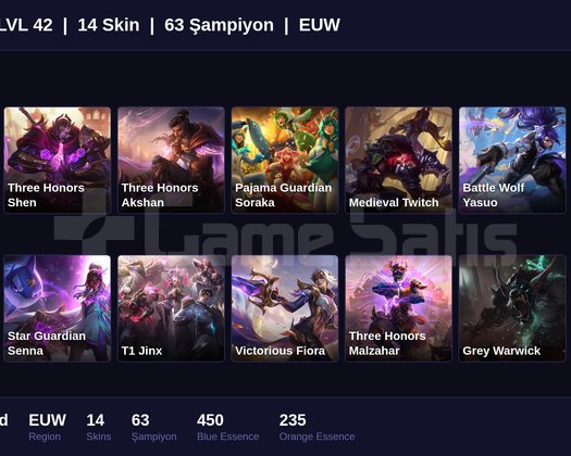 EUW / 42 LVL + 14 SKİN +MAİL ONAYSIZ + ZÜMRÜT MMR