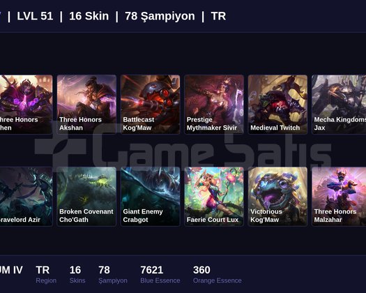 TR / 51 LVL + 16 SKİN + PLATINUM IV !!