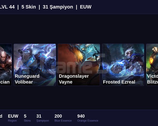 EUW / 44 LVL + 5 SKİN + UNRANKED !!