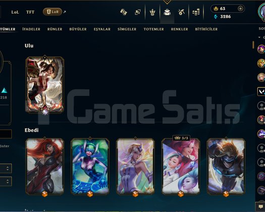 lol tr hesap 417 lvl 431 kostüm 170 renk