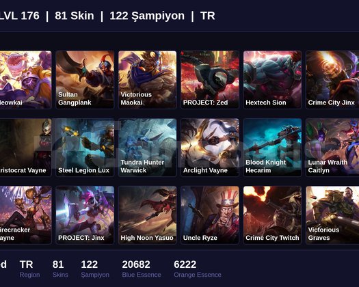 TR / 176 LVL + 81 SKİN + UNRANKED + PLAT MMR !!